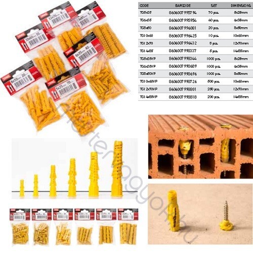 Műanyag tipli 5db-os 14x85mm-es csomózódó dűbel, üreges tégla, gipszkarton és tömör anyagokba - 1 csomag
